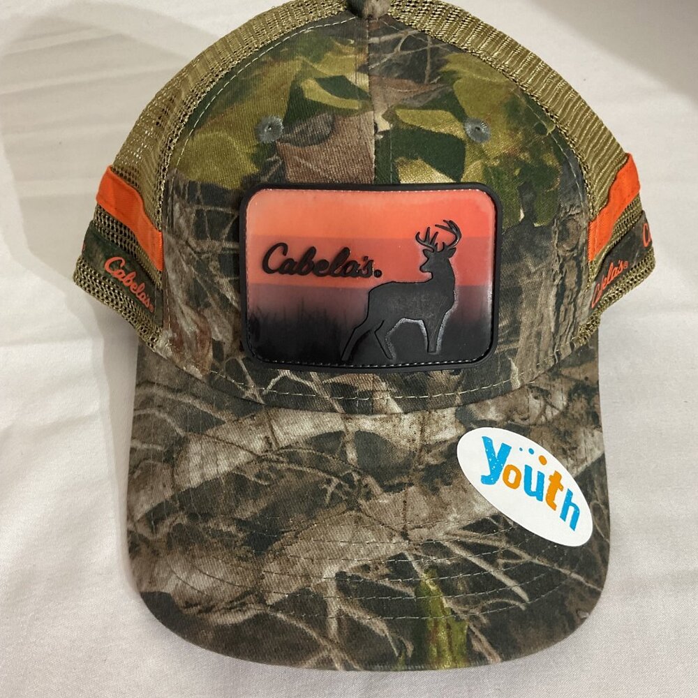 Cabelas Youth Camouflage & Orange Mesh Trucker Cap Adjustable Snapback